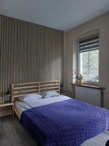 a bedroom with a large bed with a blue blanket at Apartamenty Kaskada in Miedzygorze