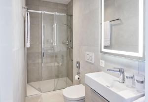 ein Bad mit einer Dusche, einem WC und einem Waschbecken in der Unterkunft Vista Lakefront Boutique Hotel in Ascona