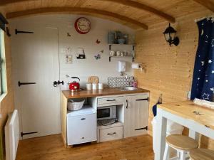 uma pequena cozinha com um balcão e um lavatório em Captivating 1-Bed Cabin in Middlesbrough em Middlesbrough