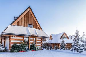 una baita di tronchi nella neve con alberi innevati di Luxury Chalet Wioska Jagny a Poronin