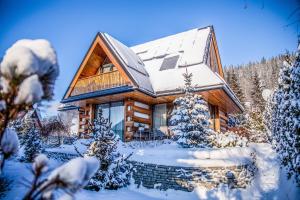 een blokhut in de winter met sneeuw bij Luxury Chalet Wioska Jagny in Poronin