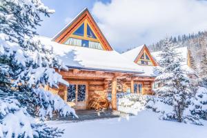 una cabaña de madera en la nieve en Chalet Wioska Jagny, en Poronin