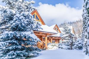 een blokhut in de sneeuw met sneeuw bedekte bomen bij Chalet Wioska Jagny in Poronin