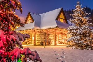 a christmas tree in front of a log cabin at Chalet Wioska Jagny in Poronin