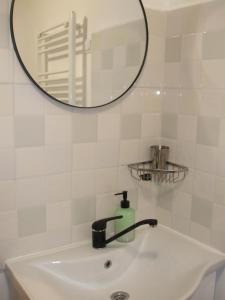 a bathroom sink with a mirror and a faucet at Tiny house Floare de colt in Moieciu de Sus +6 photos