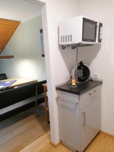 a room with a kitchen with a microwave and a table at Ferienwohnung Katrin Spindler in Ilmenau