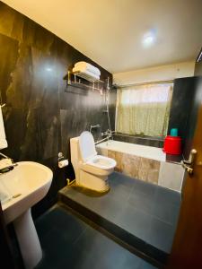 a bathroom with a toilet and a sink and a tub at Hotel Vajra Inn & Apartments in Pokhara