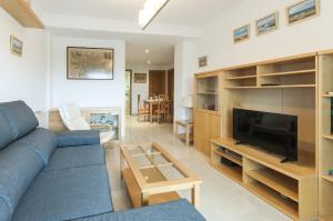 a living room with a blue couch and a tv at Alejandrita in Playa de Gandia