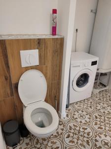 a bathroom with a toilet and a washing machine at Le Logis du Donjon 1 in Les Herbiers