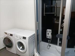 una lavatrice e un'asciugatrice in un bagno con specchio di Apartment E2 - Gut ausgestattete 3-Zimmerwohnung 64 qm, für 1-3 Personen 1 DZ 1EZ a Grafenwöhr