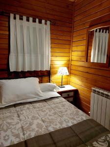 アロヨ・フリオにあるCabañas los Pinos Arroyo Frioのベッドルーム1室(ベッド1台、ランプ、窓付)