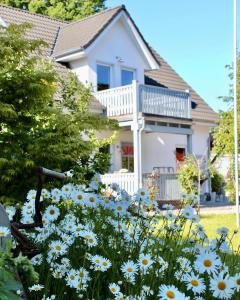 a garden with blue and white flowers in front of a house at Haus Strandleben in Hohwacht