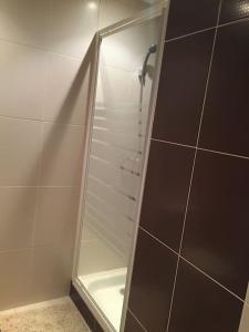 um chuveiro com uma porta de vidro na casa de banho em Appartement dans maison de village em Piana