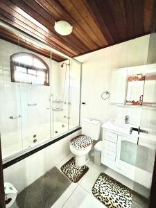 a bathroom with a shower and a toilet and a sink at Emy Pousada in Monte Verde