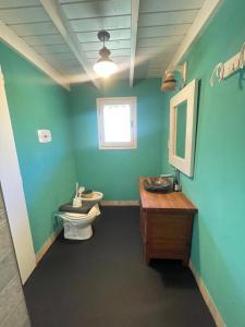 a green bathroom with a toilet and a sink at Casitas El Lago in Carhué