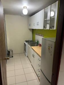 Departamento Rukalma Tolten في فيلاريكا: مطبخ صغير بخزائن بيضاء ومغسلة