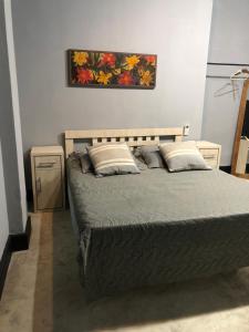 1 dormitorio con 1 cama y una pintura en la pared en CASA CONCEITO - studio panoramico, suites e quartos, en São José