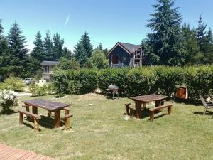 dos mesas de picnic en el césped en un patio en Aparts chalet Alquimia en Lago Puelo