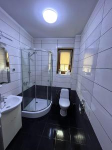 什切爾克的住宿－Beskidzka 25a，浴室配有卫生间、淋浴和盥洗盆。
