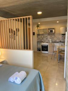 a kitchen and a living room with a bed in a room at Moderno alojamiento con desayuno de bienvenida in San Miguel de Tucumán