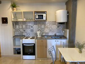 a small kitchen with a stove and a microwave at Moderno alojamiento con desayuno de bienvenida in San Miguel de Tucumán