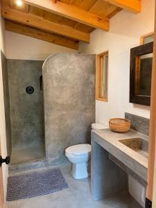 a bathroom with a toilet and a shower and a sink at La Iguana Perdida in Santa Cruz La Laguna