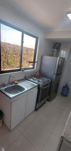 uma cozinha com um lavatório, um fogão e um frigorífico em Casa mediterranea santo domingo em Santo Domingo