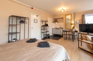Habitación con cama, TV y cocina. en Blankebil Studios & Apartments, en Zandvoort