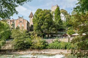 a castle on a hill next to a river at Appartement Laurin in Merano