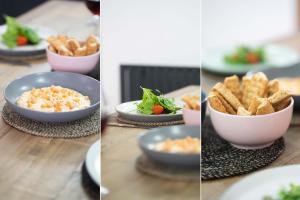 drei Bilder von Schüsseln Essen auf einem Tisch in der Unterkunft Mariner's Belle in St Ives