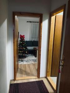 a door leading to a living room with a christmas tree at Apartments Anđela in Žabljak