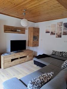 uma sala de estar com 2 camas e uma televisão de ecrã plano em Ferienwohnung Schmaranzer em Gosau