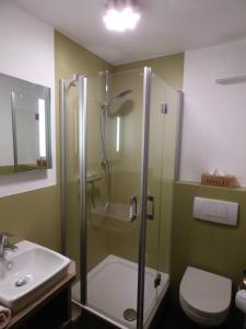 uma casa de banho com um chuveiro, um WC e um lavatório. em Zum Kronprinzen Hotel Garni em Weyher