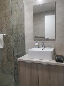 a bathroom with a sink and a mirror and a shower at Golden Mountain A75 NLux Milmari in Kopaonik