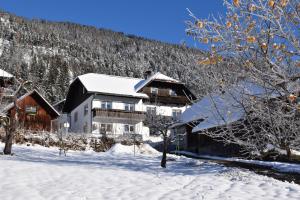una casa en la nieve frente a una montaña en Haus Binder, en Weissensee