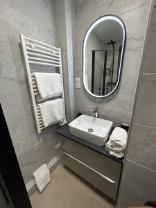 a bathroom with a sink and a mirror at Studio calme & lumineux, vue sur le jardin, WIFI in Paris