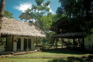 uma casa com telhado de palha e uma árvore em Hospedaje SELVA DE AVES em Leticia