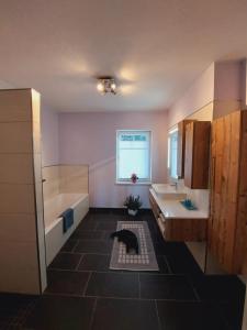 a bathroom with a black cat laying on the floor at Ferienwohnung Lucy am Lonitzberg in Steinakirchen am Forst