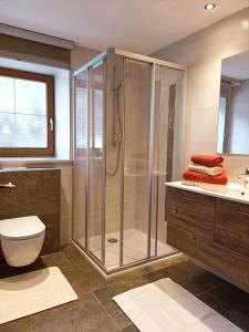 a bathroom with a shower and a toilet and a sink at Haus zur Mühle in Ried im Oberinntal