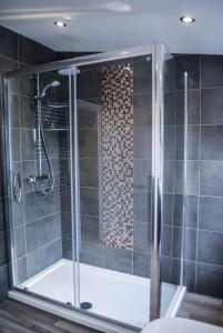a shower with a glass door in a bathroom at Sky Lounge - Beachfront top floor apartment with stunning veiws in Kent