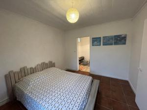 1 dormitorio con 1 cama y luz colgante en Chez KAKINE, en La Plaine-des-Palmistes