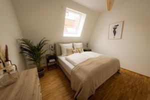 a bedroom with a bed and a plant in it at BONNYSTAY Passau Downtown - mitten in der Altstadt Passau`s in Passau