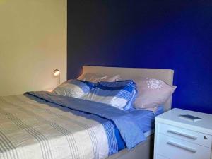 a bedroom with a bed with a blue wall at Belle appartement T3 pour 5 personne max in Annecy