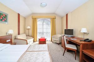 ein Hotelzimmer mit einem Bett und einem Schreibtisch mit einem TV in der Unterkunft Centuria Hotel & Natural Spa in Ogrodzieniec