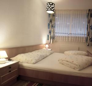 1 dormitorio con 2 camas y ventana en Alpenresorts Landeck, en Landeck