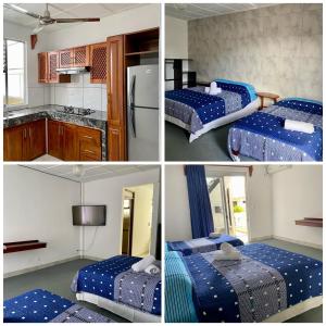four pictures of a bedroom with two beds and a kitchen at Hotel Malinche in Quepos