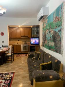 ein Wohnzimmer mit einem Sofa und einer Küche in der Unterkunft Vila Demaj in Berat