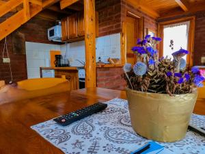 a vase of flowers sitting on a table with a remote control at Cabañas Patagonia Rupestre in El Bolsón