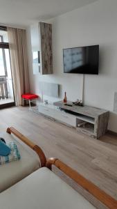 uma sala de estar com uma televisão de ecrã plano na parede em Ferienwohnung - Apartment Pichlarn Irdning em Aigen im Ennstal
