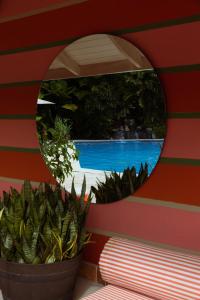 a mirror on a wall with a potted plant at Mawamba Lodge in Tortuguero